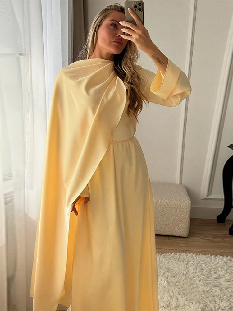 Elegant Satin Abaya Hijab Set Maxi Dress Belted Long Sleeve Formal Evening Gown