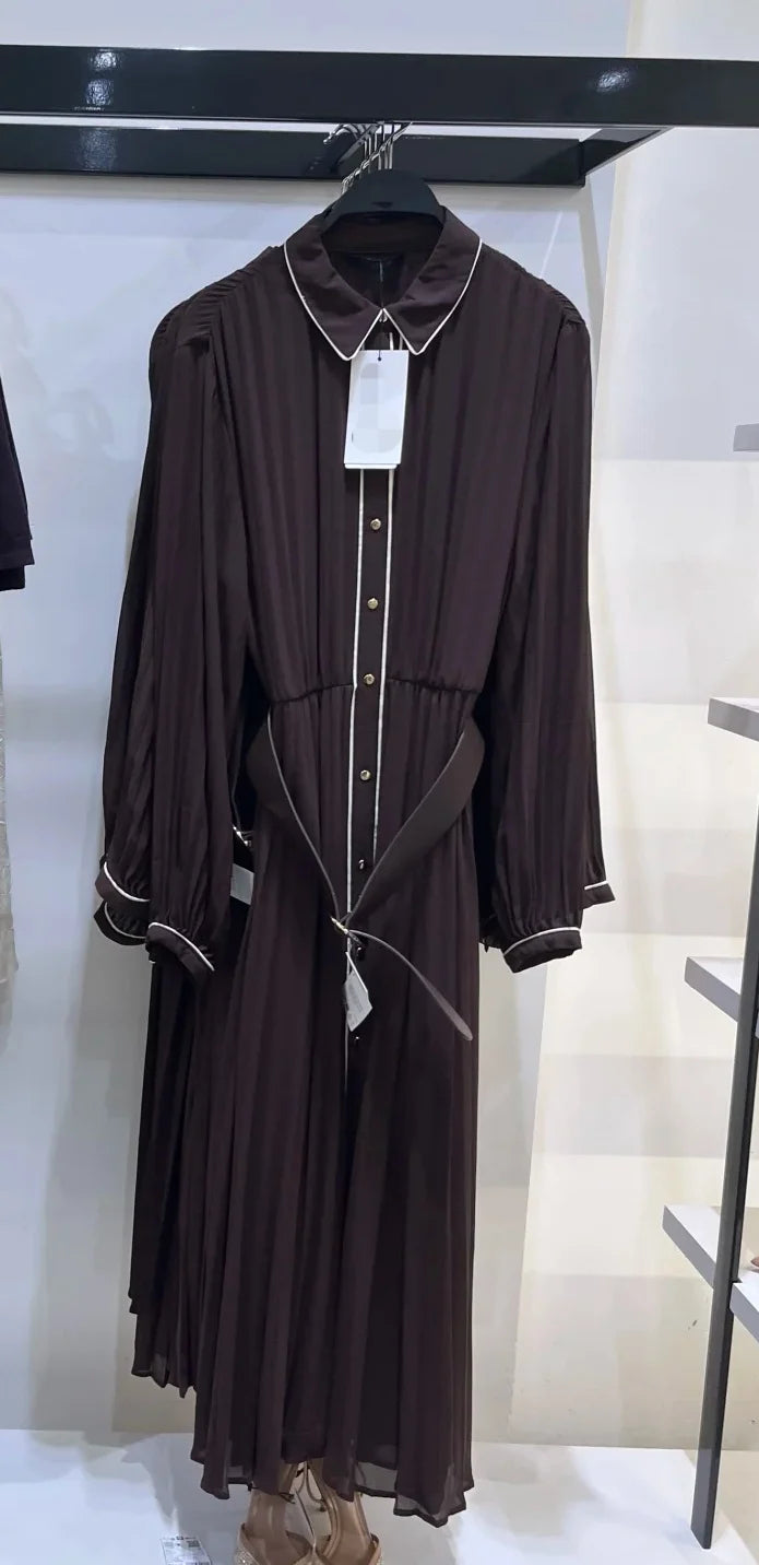 Russet Long Sleeves with Belt Pleated Embellished Midi Dress