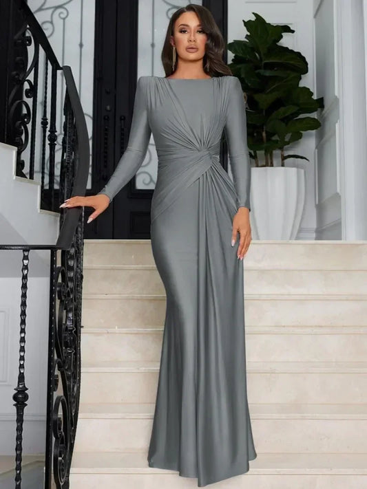 Chic O-Neck Long Sleeve Tunics Slim Solid Party Evening Dress