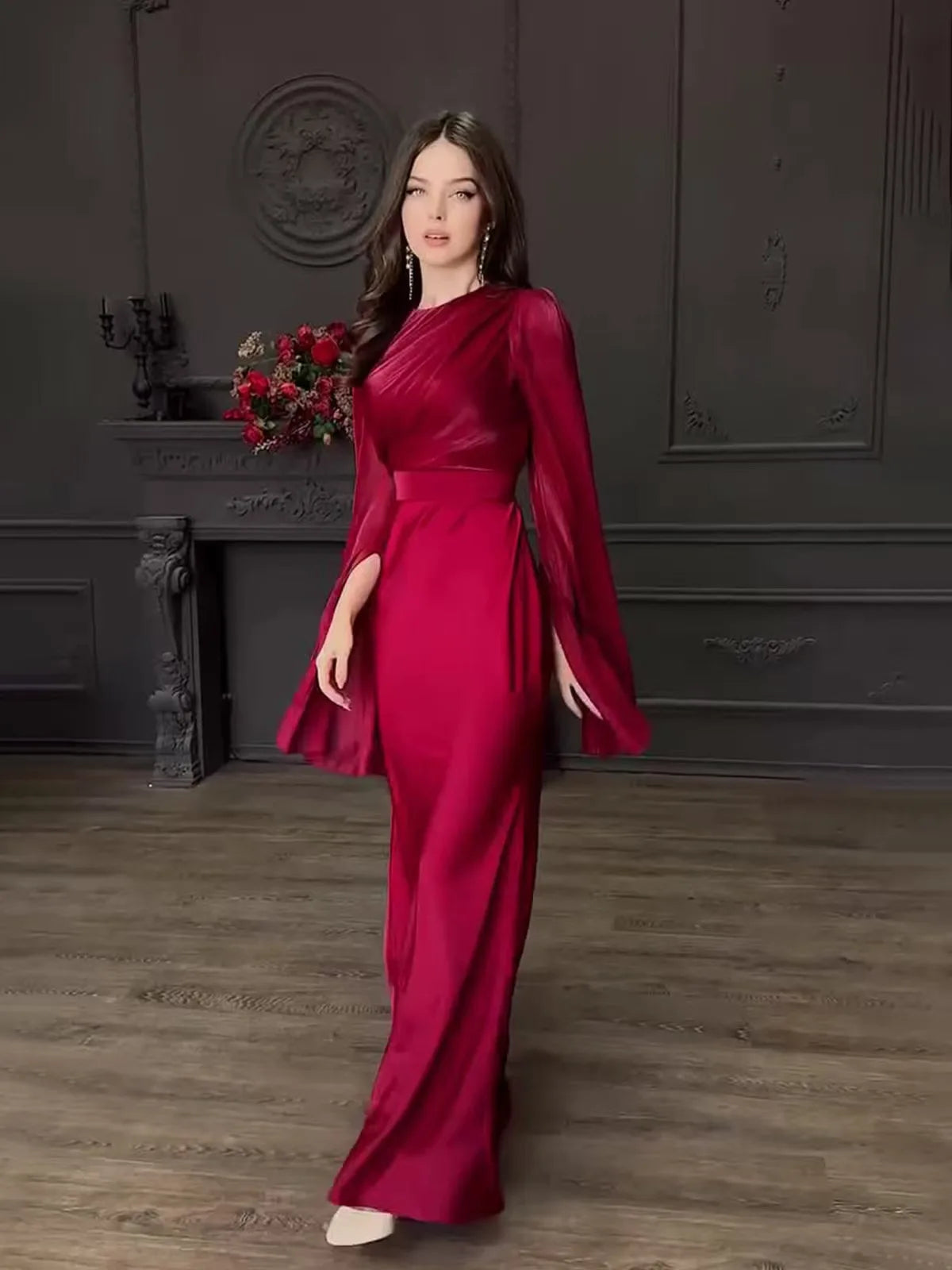 Splicing Silk Long Sleeve High Waist A-Line Dress