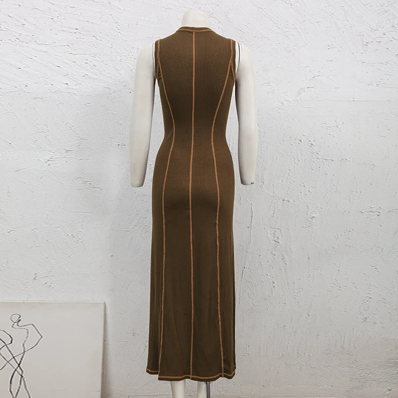 French Style Knitted Midaxi Dresses for Women Casual Solid Sleeveless