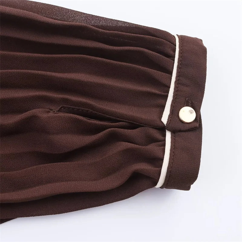 Russet Long Sleeves with Belt Pleated Embellished Midi Dress