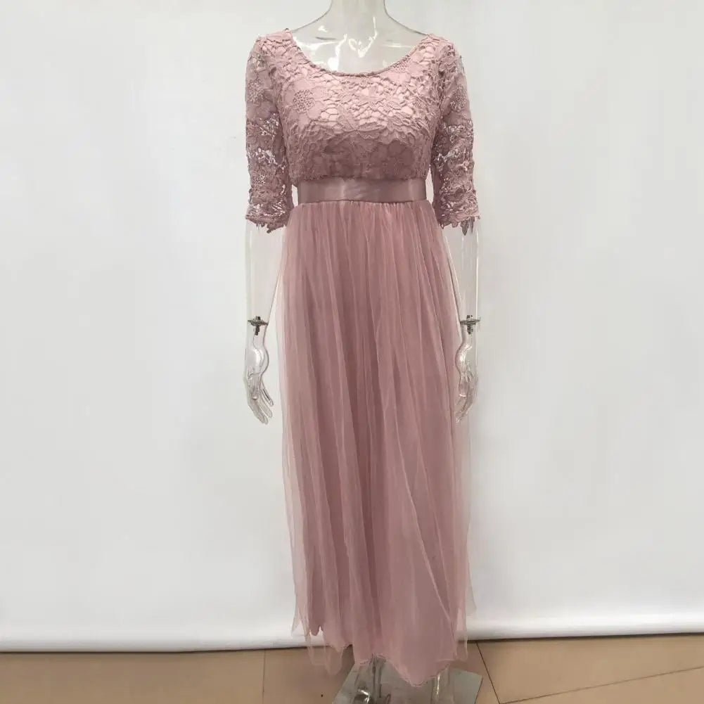 Lace Flower Embroidery Pleated Floor Length Women Chiffon Long Dress