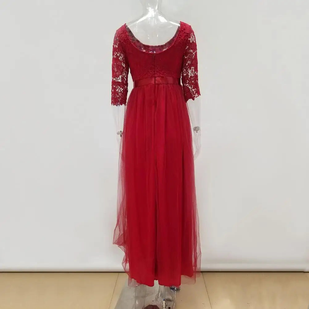 Lace Flower Embroidery Pleated Floor Length Women Chiffon Long Dress