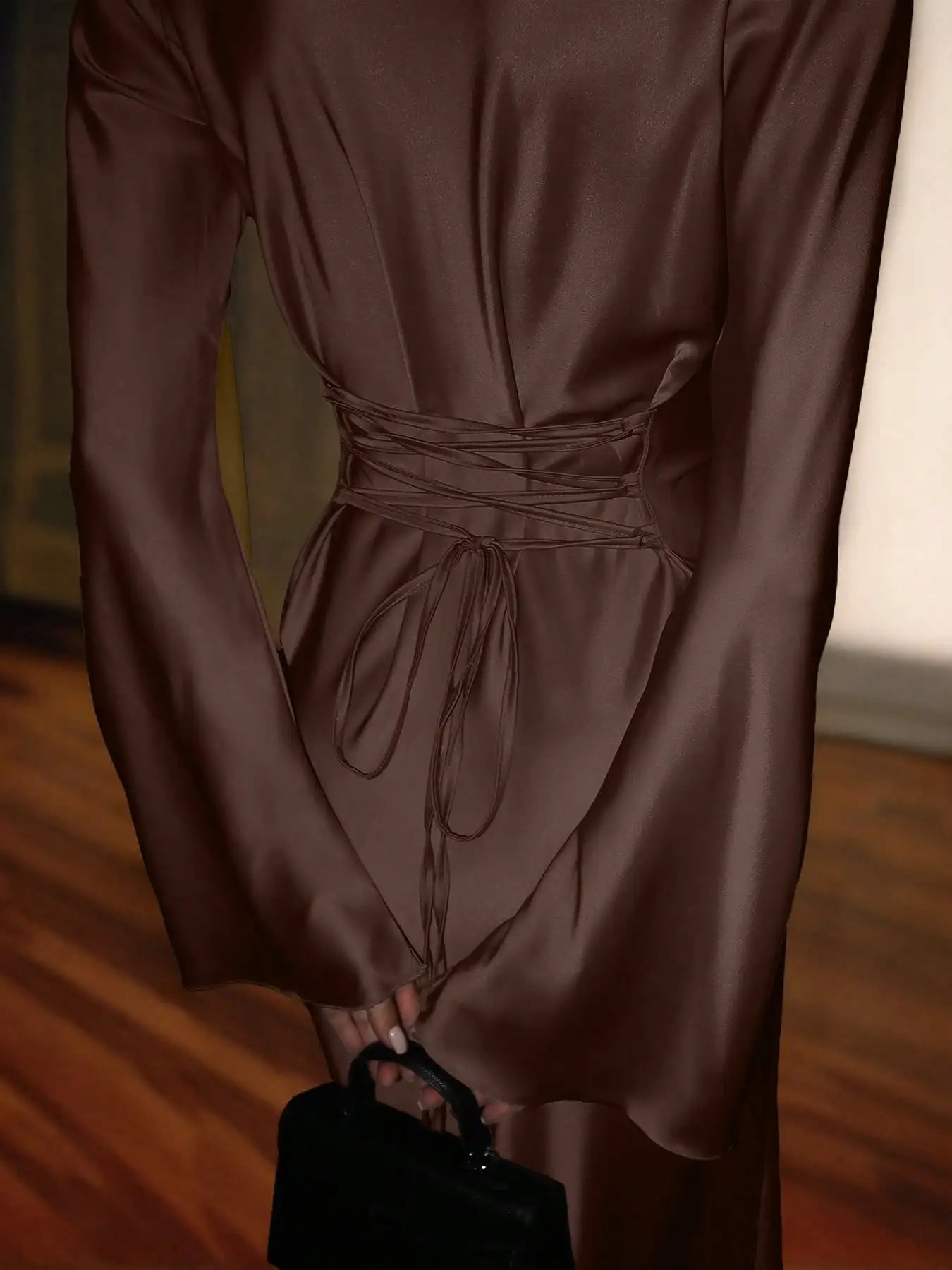 Satin Maxi Dress with Corset Waist Tie Classic Round Neck & Dramatic Flared Sleeves Luxury Evening Dress