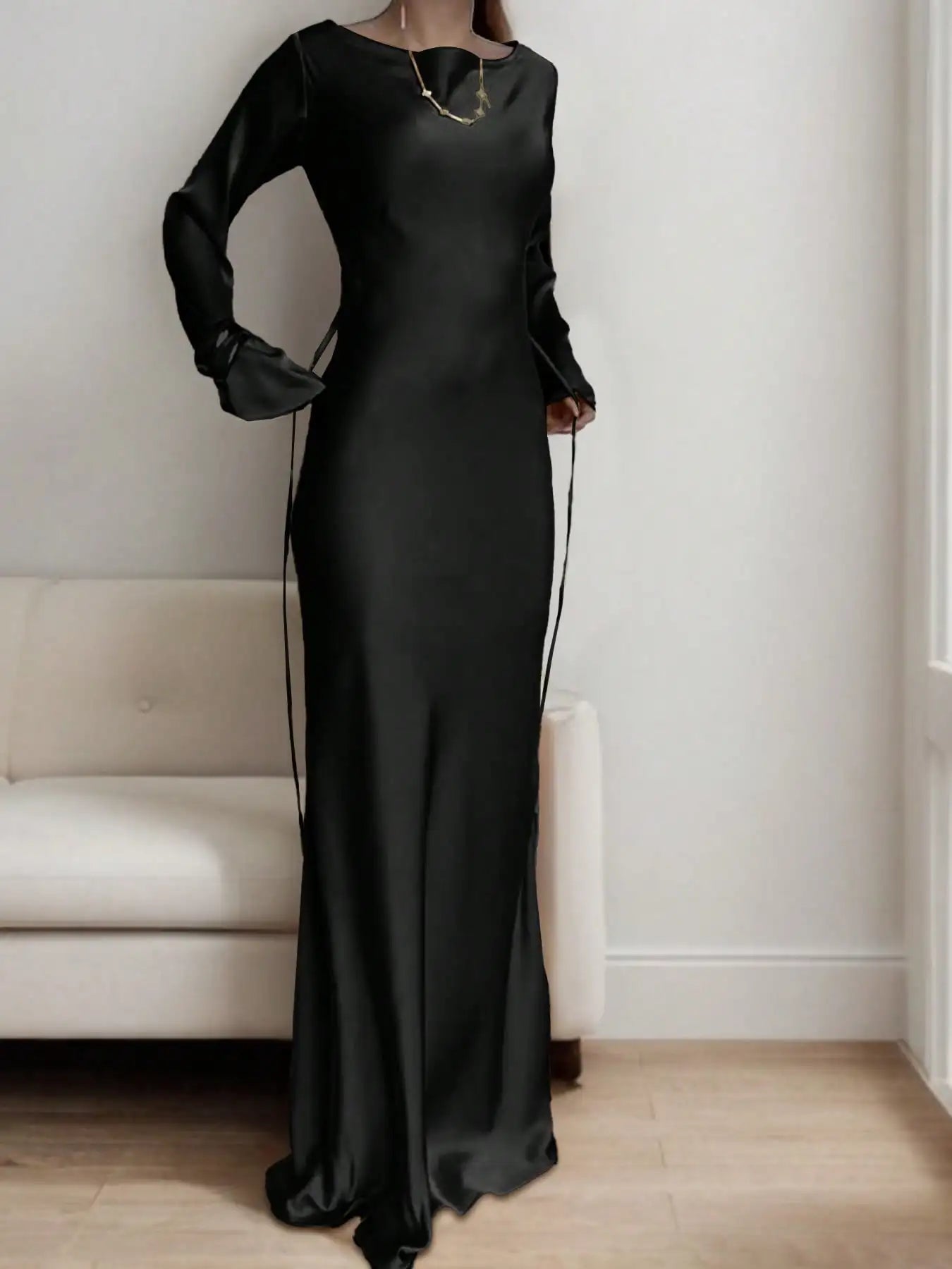 Satin Maxi Dress with Corset Waist Tie Classic Round Neck & Dramatic Flared Sleeves Luxury Evening Dress