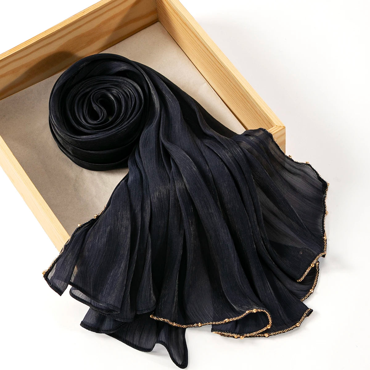 Beaded Silk Crinkle Shimmer Pleated Scarf