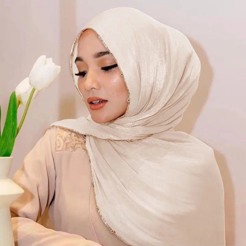 Beaded Silk Crinkle Shimmer Pleated Scarf