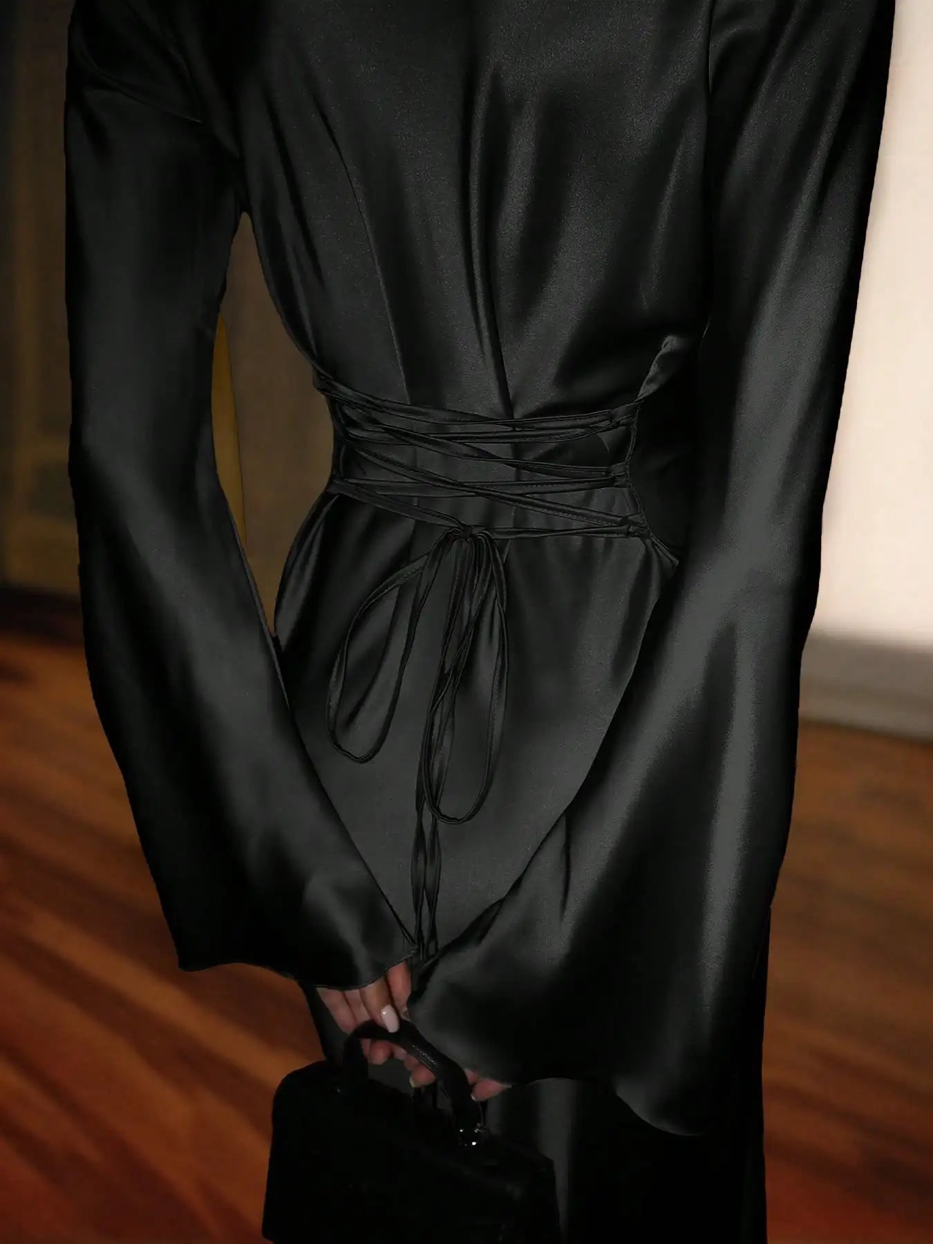 Satin Maxi Dress with Corset Waist Tie Classic Round Neck & Dramatic Flared Sleeves Luxury Evening Dress