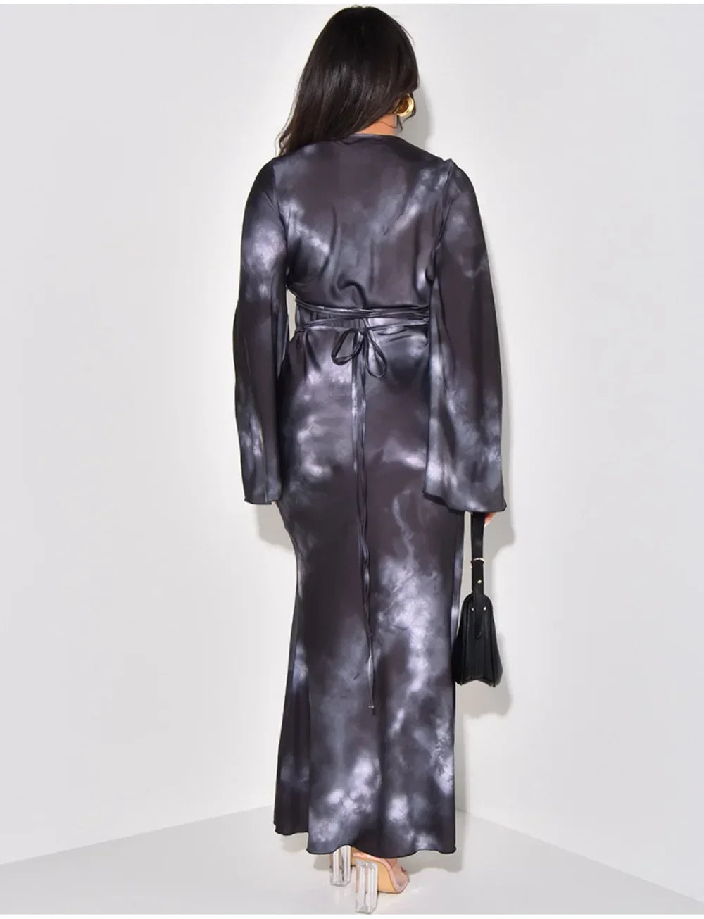 Print Long Sleeve Loose O-neck Bandage Satin Dress