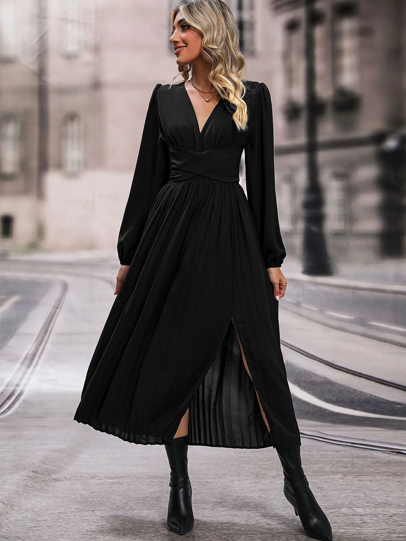 Solid Color V Neck Long Sleeve Midi Dress with Side Slit Waist Wrap