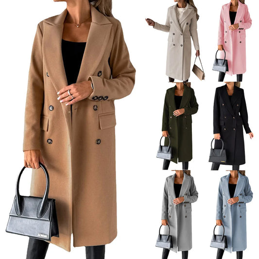 Women Wool Coats Long Jacket Double Breasted Turn Down Collar Woolen Overcoat Autumn Winter Vintage Office Lady Outerwear