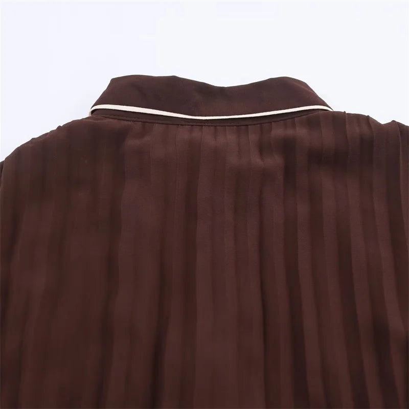 Russet Long Sleeves with Belt Pleated Embellished Midi Dress