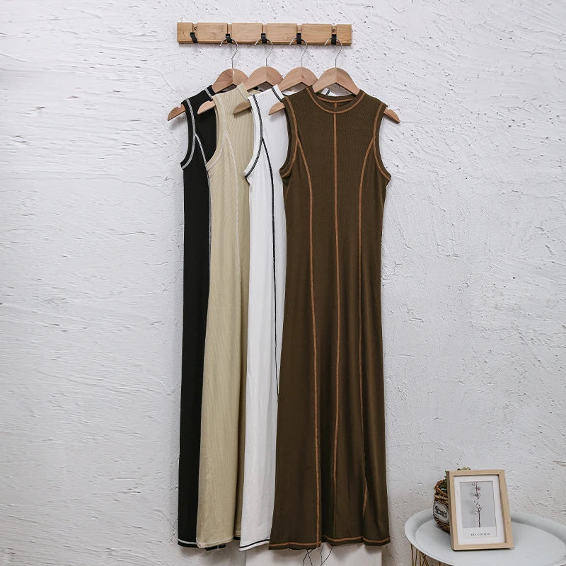 French Style Knitted Midaxi Dresses for Women Casual Solid Sleeveless