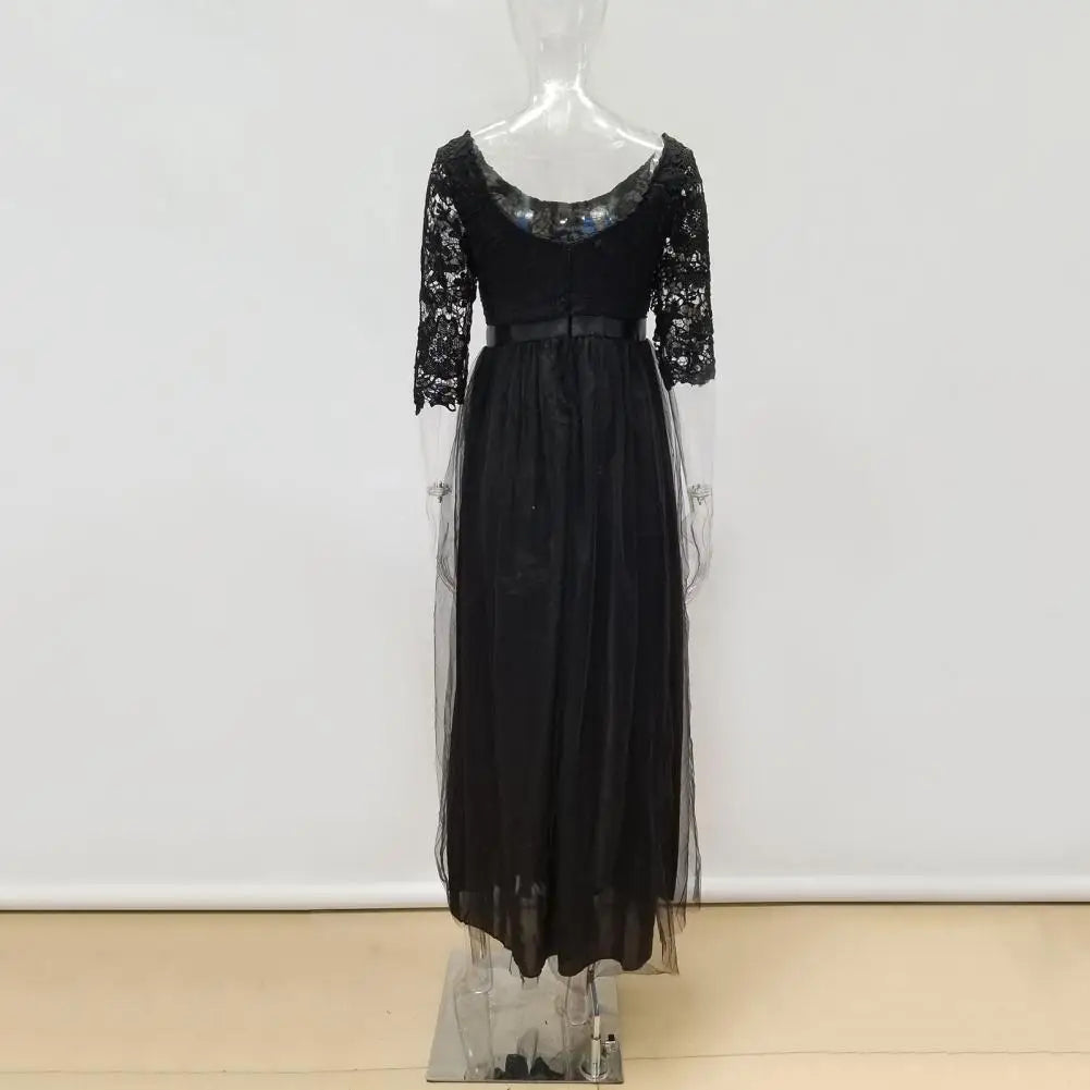 Lace Flower Embroidery Pleated Floor Length Women Chiffon Long Dress