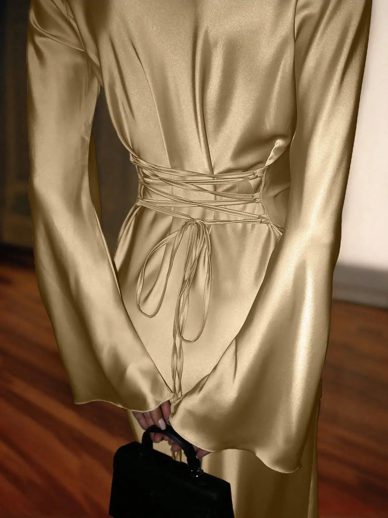 Satin Maxi Dress with Corset Waist Tie Classic Round Neck & Dramatic Flared Sleeves Luxury Evening Dress