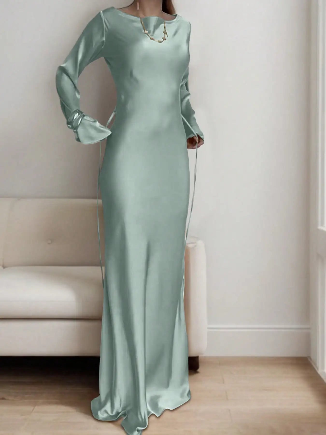 Satin Maxi Dress with Corset Waist Tie Classic Round Neck & Dramatic Flared Sleeves Luxury Evening Dress