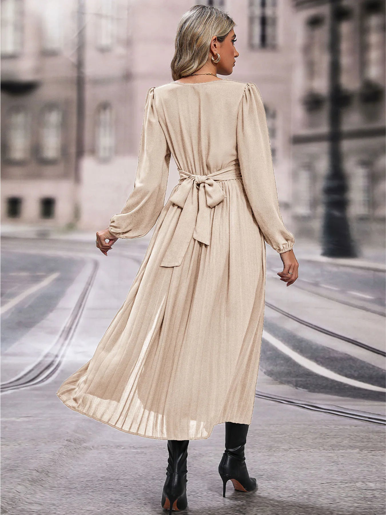 Solid Color V Neck Long Sleeve Midi Dress with Side Slit Waist Wrap